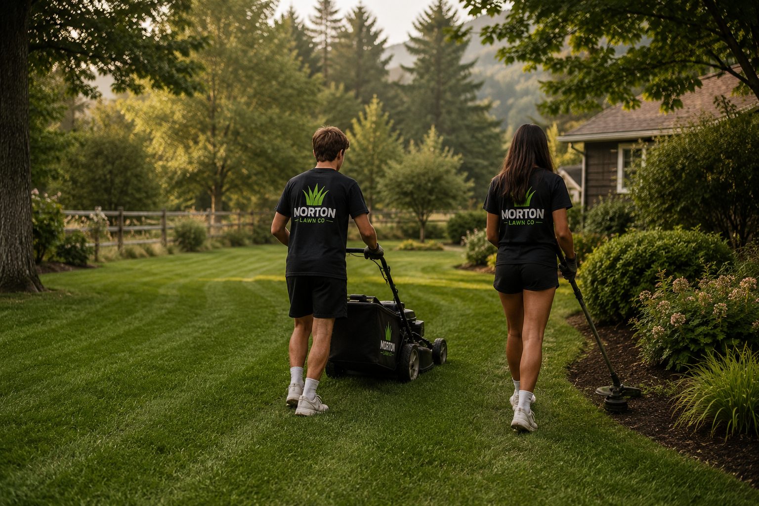 Two Morton Lawn Co teen entrepreneurs mowing and trimming a residential lawn